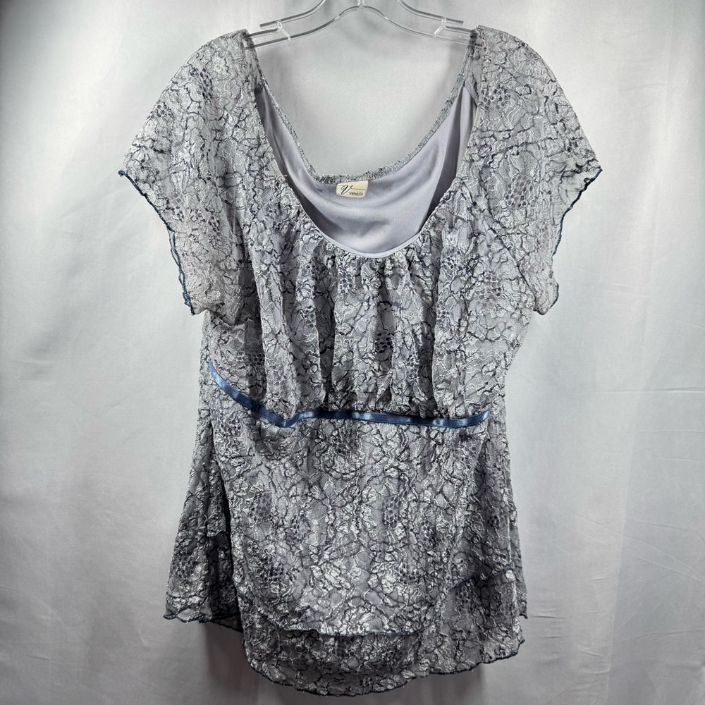 Venezia Gray and White Lace Ruffled Blouse